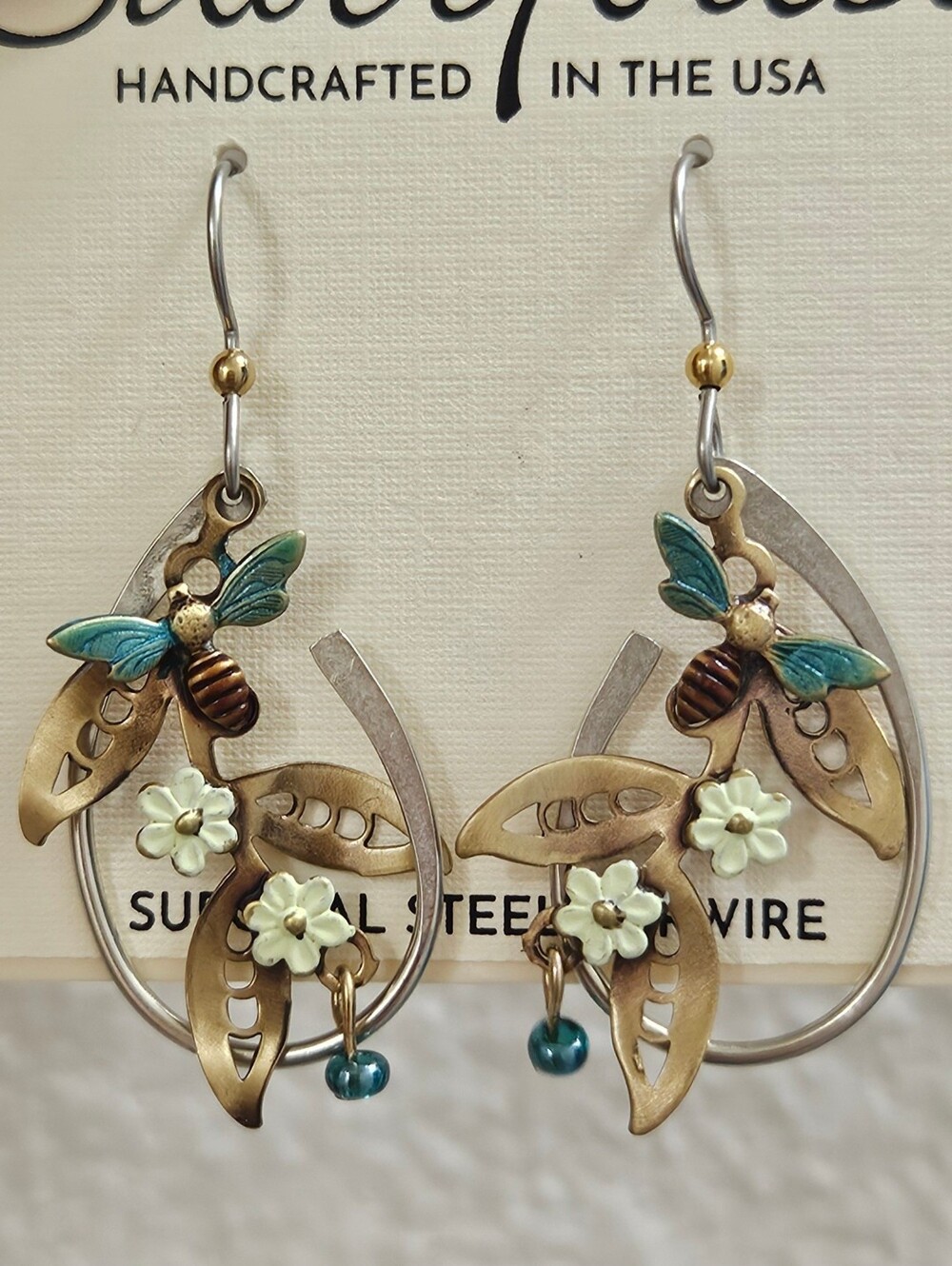 Silver Forest Gold Floral and Bees USA Hand Crafted Hypoallergenic Earrings